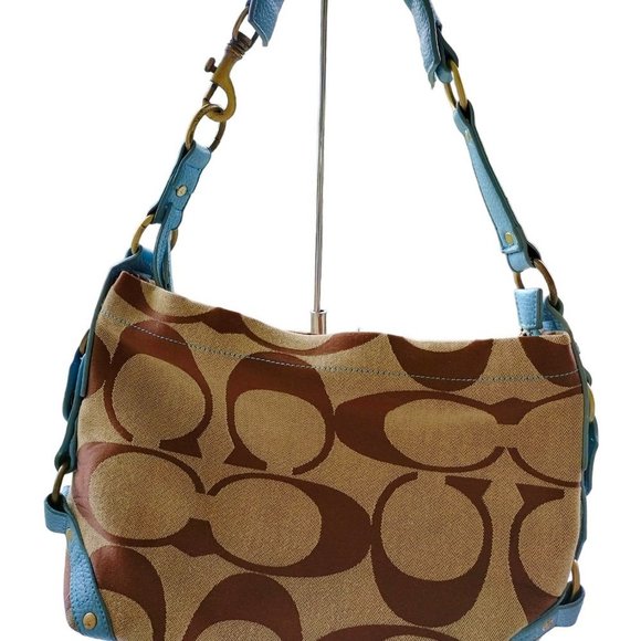 Coach Handbags - Coach Signature Carly Khaki, Tan, Slate Blue Hobo Bag